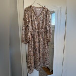Loft Elegant Paisley Print with foil metallic design long sleeve midi dress
